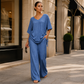 👖 Set de top cu decolteu în V și pantaloni evazați, casual, pentru femei