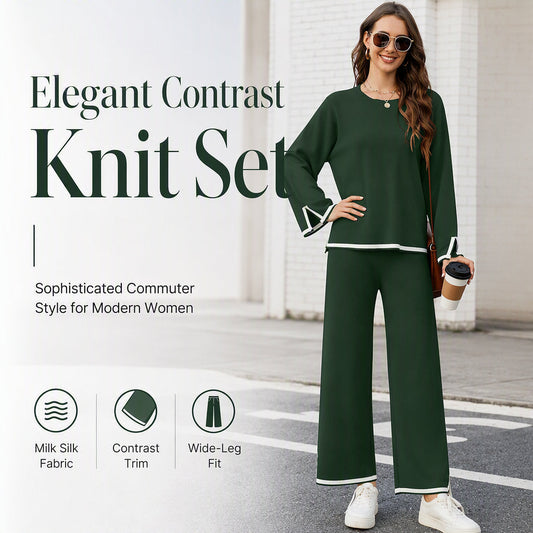 ✨ ✨👗Costum feminin casual cu pulover cu guler rotund și pantaloni largi