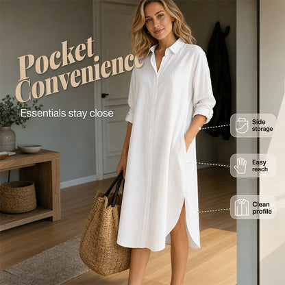 👗 Rochie cămașă pentru femei, lejeră, din bumbac și in, cu buzunare