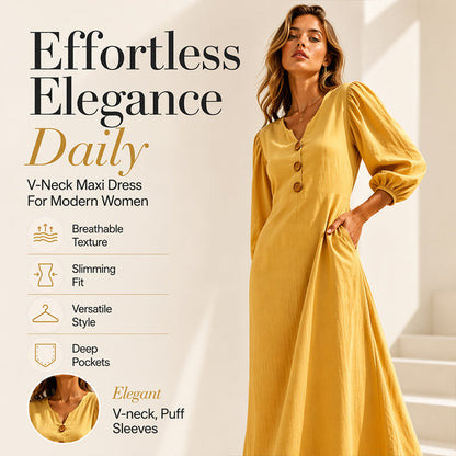 👗 Rochia Maxi Casual pentru Femei cu Decolteu în V și Mâneci Pufoase