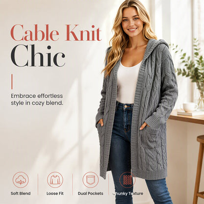 ✨ Cardigan tricotat lung pentru femei, cu glugă și buzunare