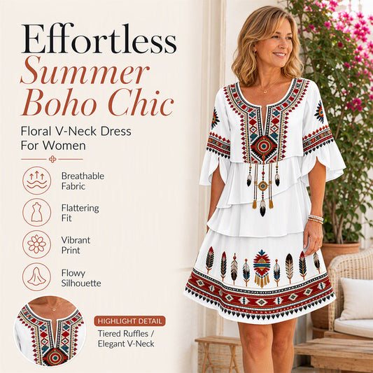 👗 Rochia pentru femei cu imprimeu etnic vintage, croială în etaje
