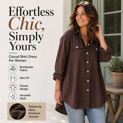 👗 Rochie cămașă pentru femei, cu mâneci lungi, din bumbac și in
