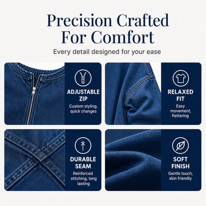 👖 Women's Long Sleeve Half-Zip Denim Pullover
