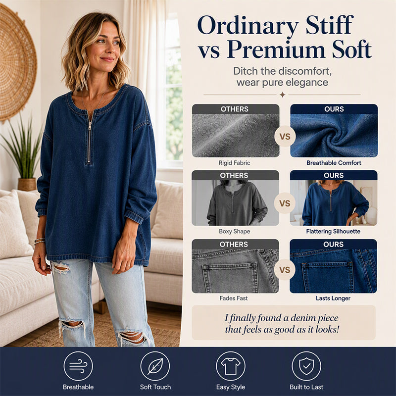👖 Women's Long Sleeve Half-Zip Denim Pullover