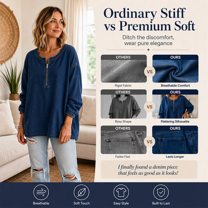 👖 Women's Long Sleeve Half-Zip Denim Pullover