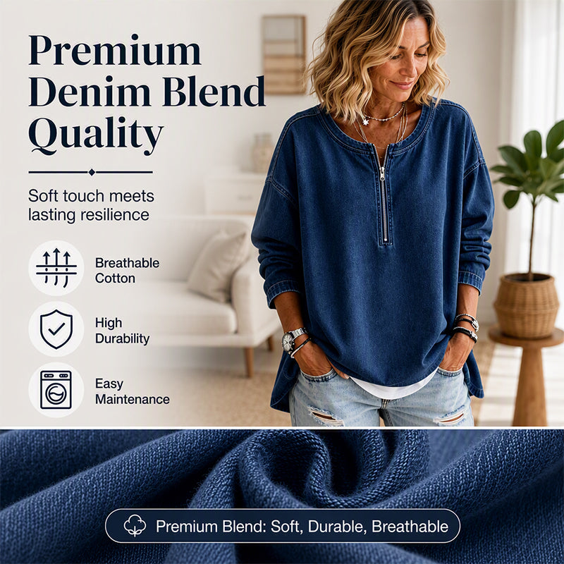 👖 Women's Long Sleeve Half-Zip Denim Pullover