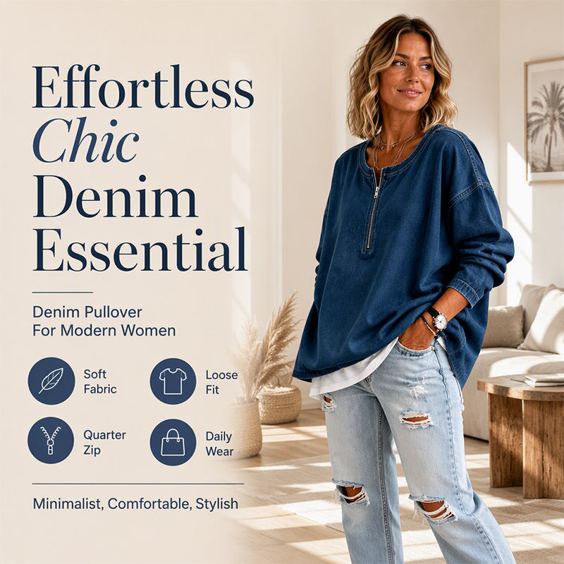 👖 Women's Long Sleeve Half-Zip Denim Pullover