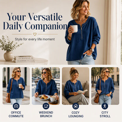 👖 Women's Long Sleeve Half-Zip Denim Pullover