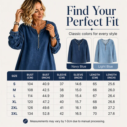 👖 Women's Long Sleeve Half-Zip Denim Pullover