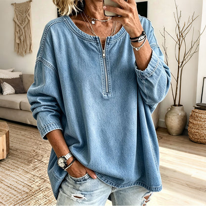 👖 Women's Long Sleeve Half-Zip Denim Pullover