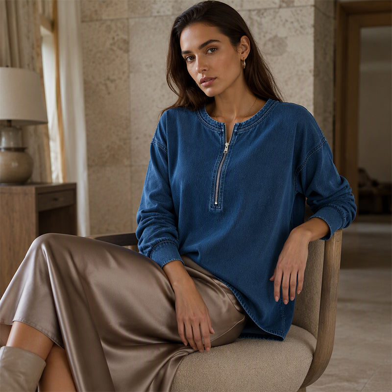 👖 Women's Long Sleeve Half-Zip Denim Pullover