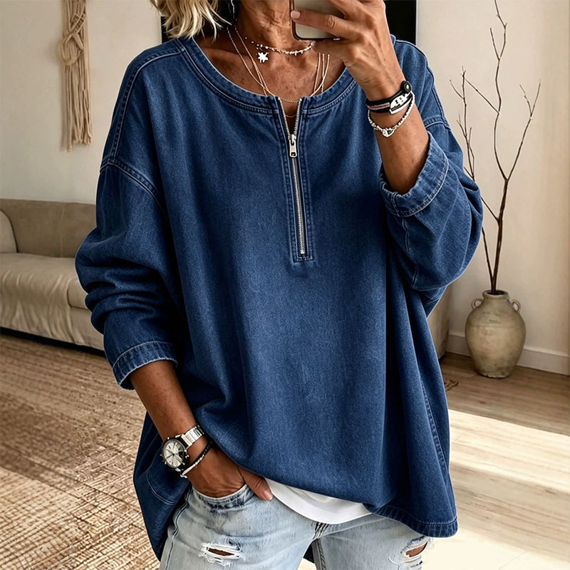 👖 Women's Long Sleeve Half-Zip Denim Pullover