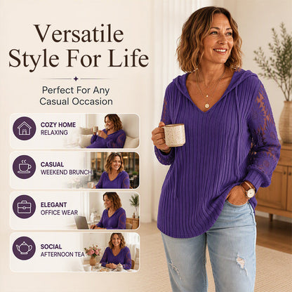 🧶 Women's Chic Lace Sleeve Hooded Sweater