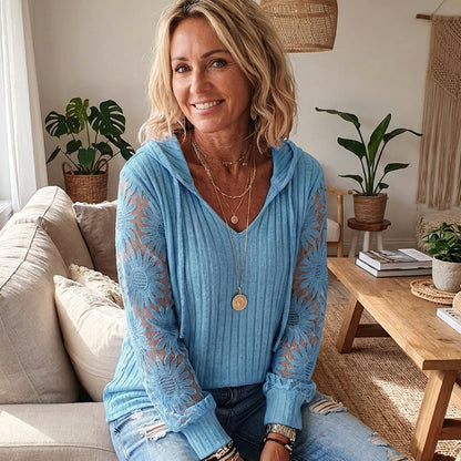 🧶 Women's Chic Lace Sleeve Hooded Sweater