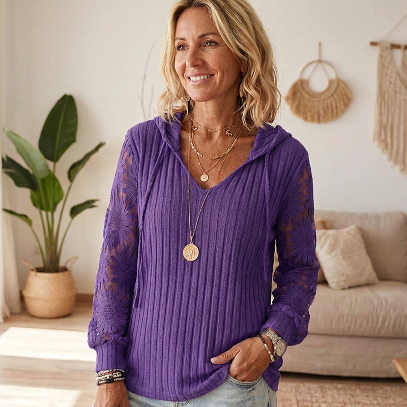 🧶 Women's Chic Lace Sleeve Hooded Sweater