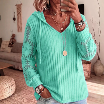 🧶 Women's Chic Lace Sleeve Hooded Sweater