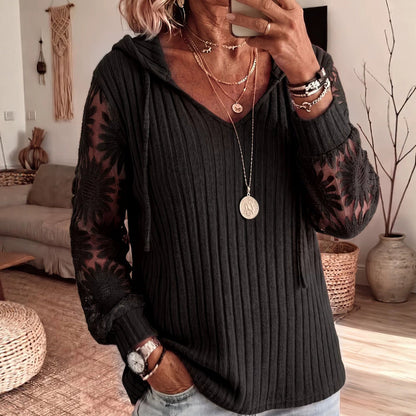 🧶 Women's Chic Lace Sleeve Hooded Sweater