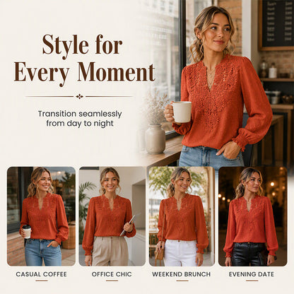 🎀 Women's Lace V-Neck Long Sleeve Top