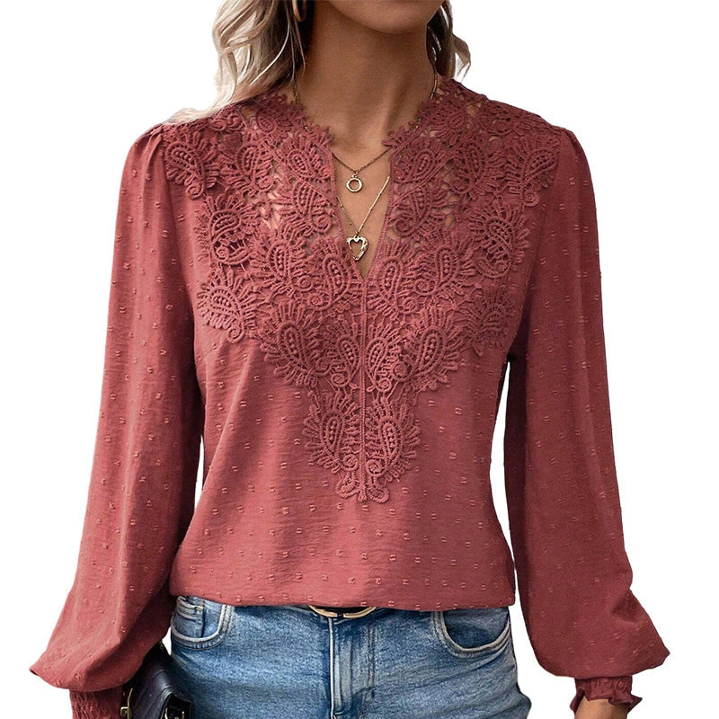 🎀 Women's Lace V-Neck Long Sleeve Top