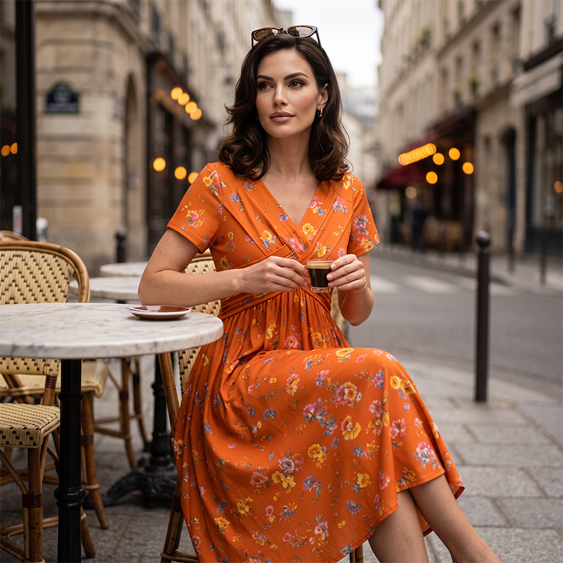 👗 Women's V-Neck Floral Print Dress with Twist Waist
