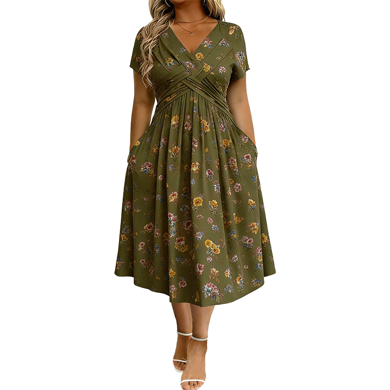 👗 Women's V-Neck Floral Print Dress with Twist Waist