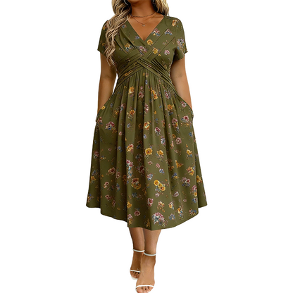 👗 Women's V-Neck Floral Print Dress with Twist Waist