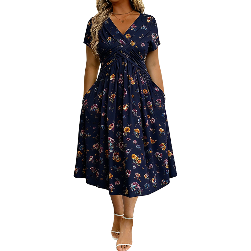 👗 Women's V-Neck Floral Print Dress with Twist Waist
