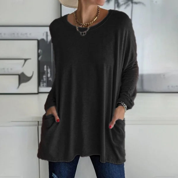 👕 Round Neck Long Sleeve Loose Pocket Solid T-Shirt