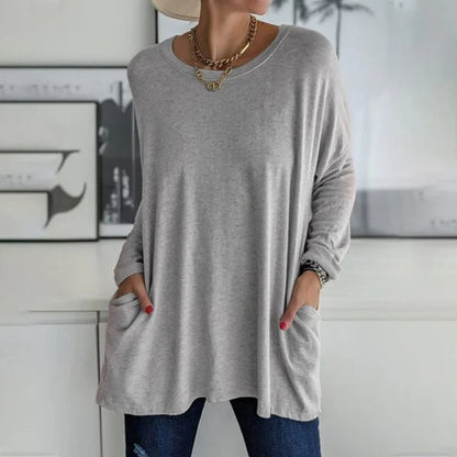 👕 Round Neck Long Sleeve Loose Pocket Solid T-Shirt