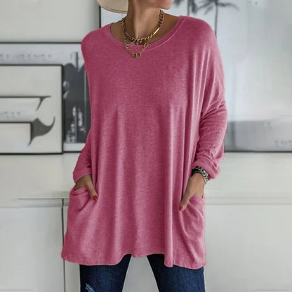 👕 Round Neck Long Sleeve Loose Pocket Solid T-Shirt