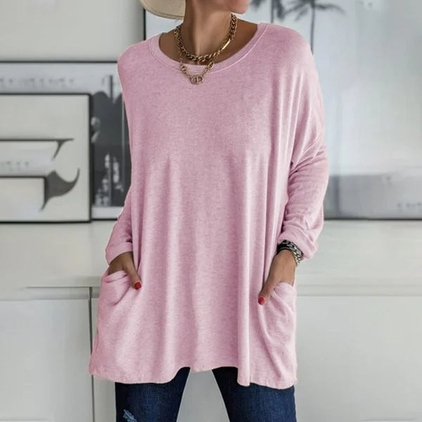 👕 Round Neck Long Sleeve Loose Pocket Solid T-Shirt
