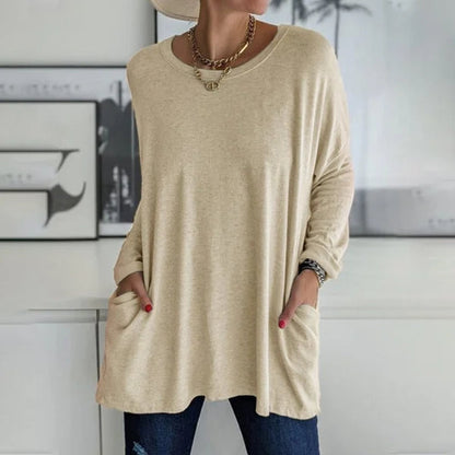 👕 Round Neck Long Sleeve Loose Pocket Solid T-Shirt