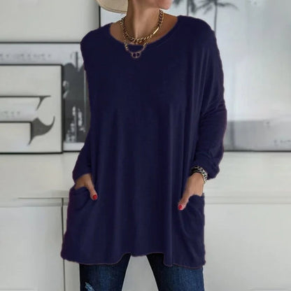 👕 Round Neck Long Sleeve Loose Pocket Solid T-Shirt