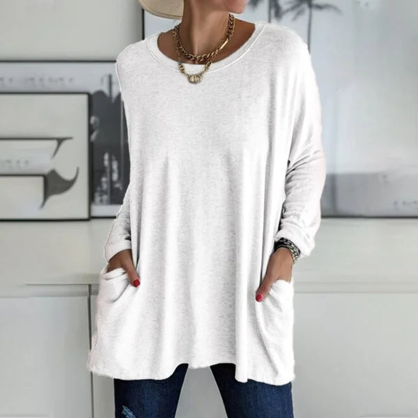 👕 Round Neck Long Sleeve Loose Pocket Solid T-Shirt