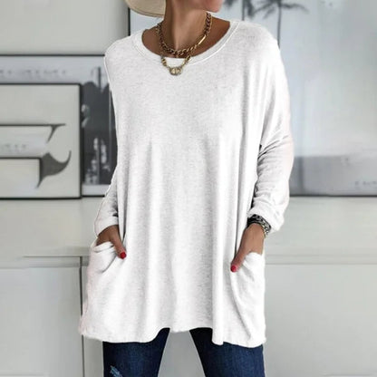 👕 Round Neck Long Sleeve Loose Pocket Solid T-Shirt