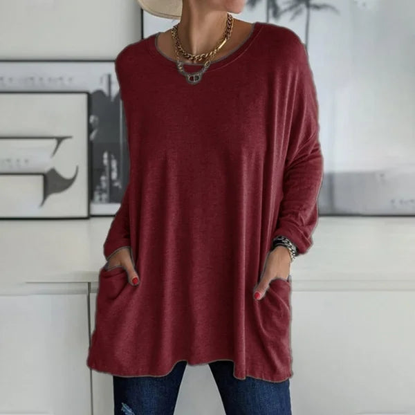 👕 Round Neck Long Sleeve Loose Pocket Solid T-Shirt