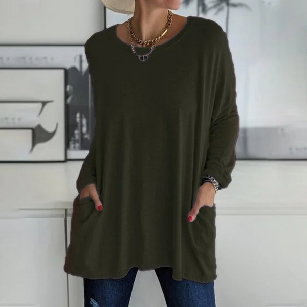 👕 Round Neck Long Sleeve Loose Pocket Solid T-Shirt