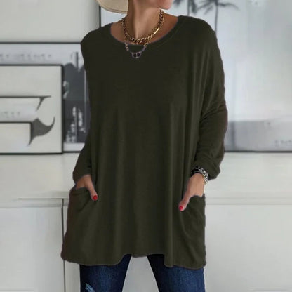 👕 Round Neck Long Sleeve Loose Pocket Solid T-Shirt