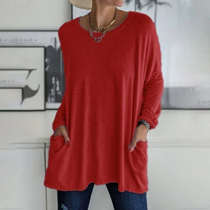 👕 Round Neck Long Sleeve Loose Pocket Solid T-Shirt