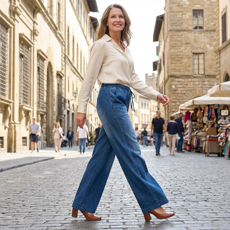 👕 Women's Drawstring Waist Wide-Leg Denim Jeans