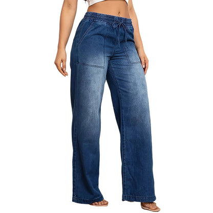 👕 Women's Drawstring Waist Wide-Leg Denim Jeans