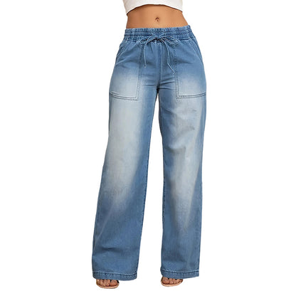 👕 Women's Drawstring Waist Wide-Leg Denim Jeans