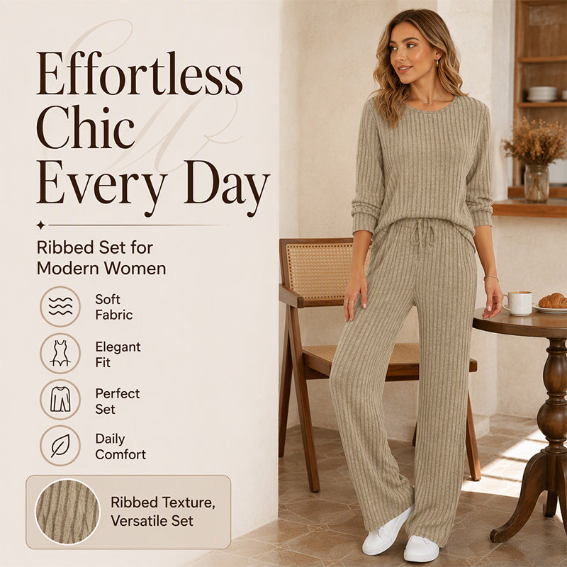 👖 Women's Ribbed Knit Top & Straight Pants Set