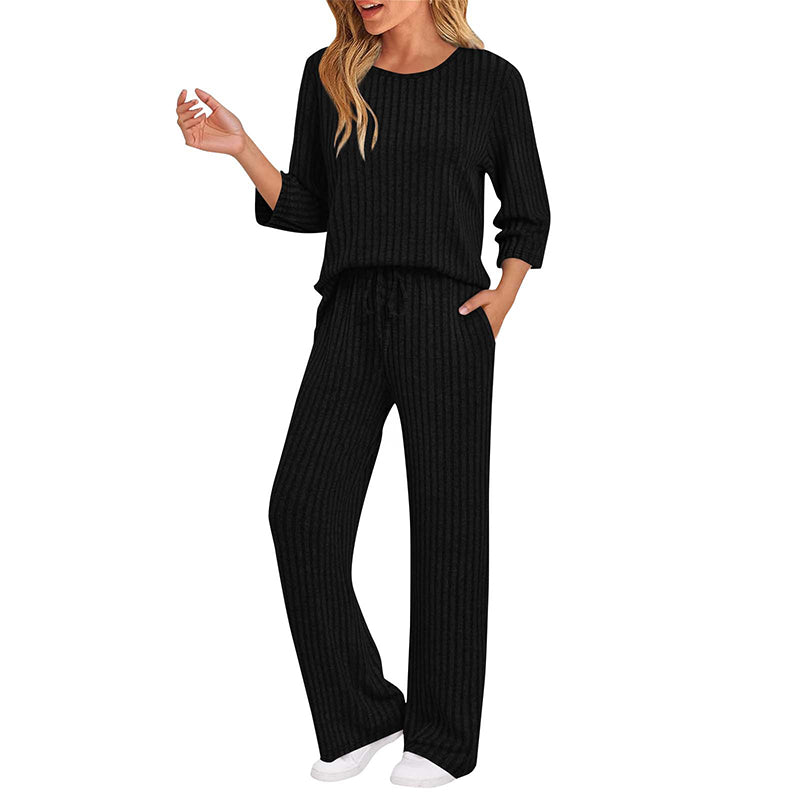 👖 Women's Ribbed Knit Top & Straight Pants Set