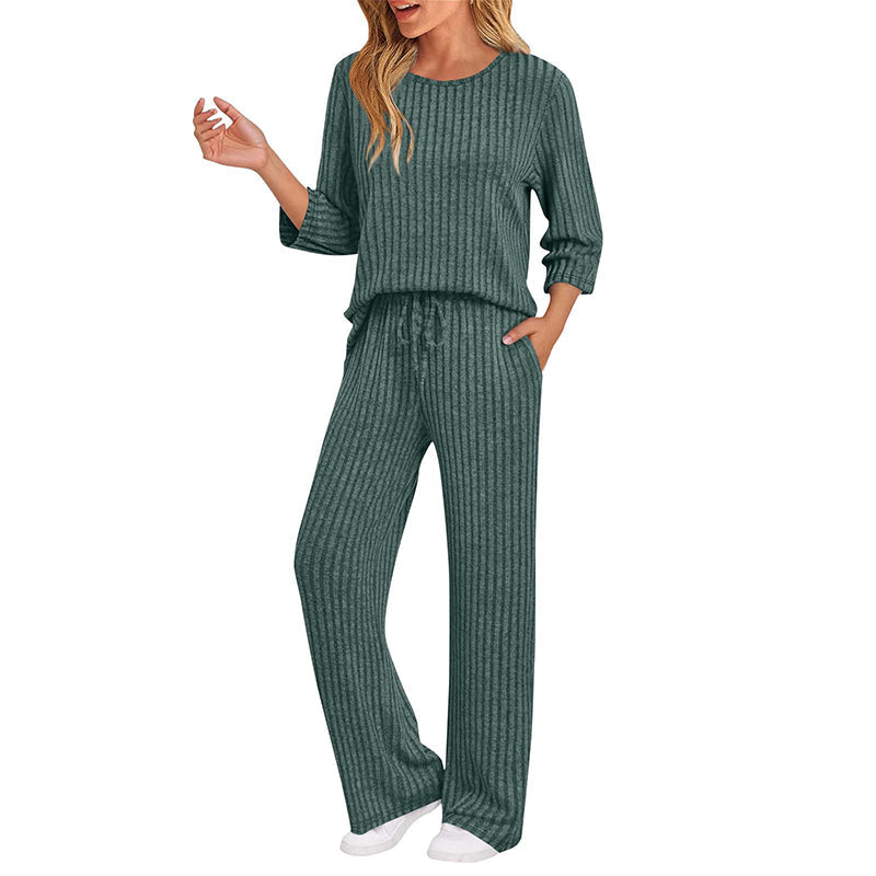 👖 Women's Ribbed Knit Top & Straight Pants Set