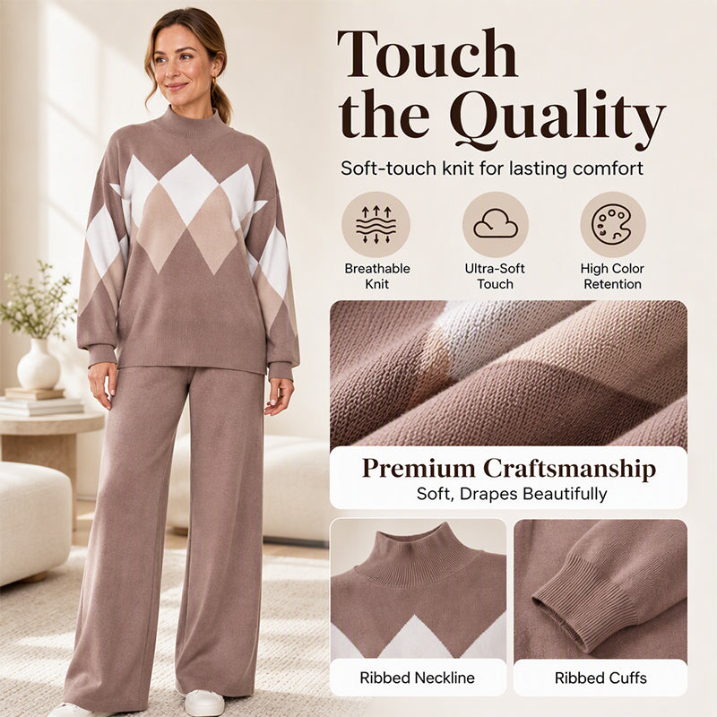 Women's Argyle Knit Sweater & Wide-Leg Pants Set
