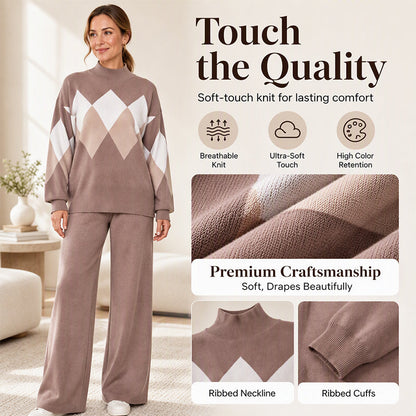 Women's Argyle Knit Sweater & Wide-Leg Pants Set