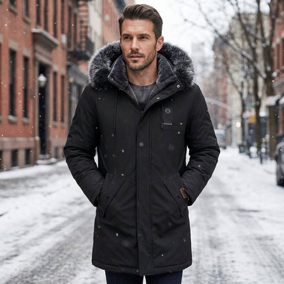 Men's Windproof Hooded Thermal Mid-Length Parka Jacket