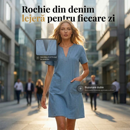 Rochie din denim pentru femei, cu decolteu în V
